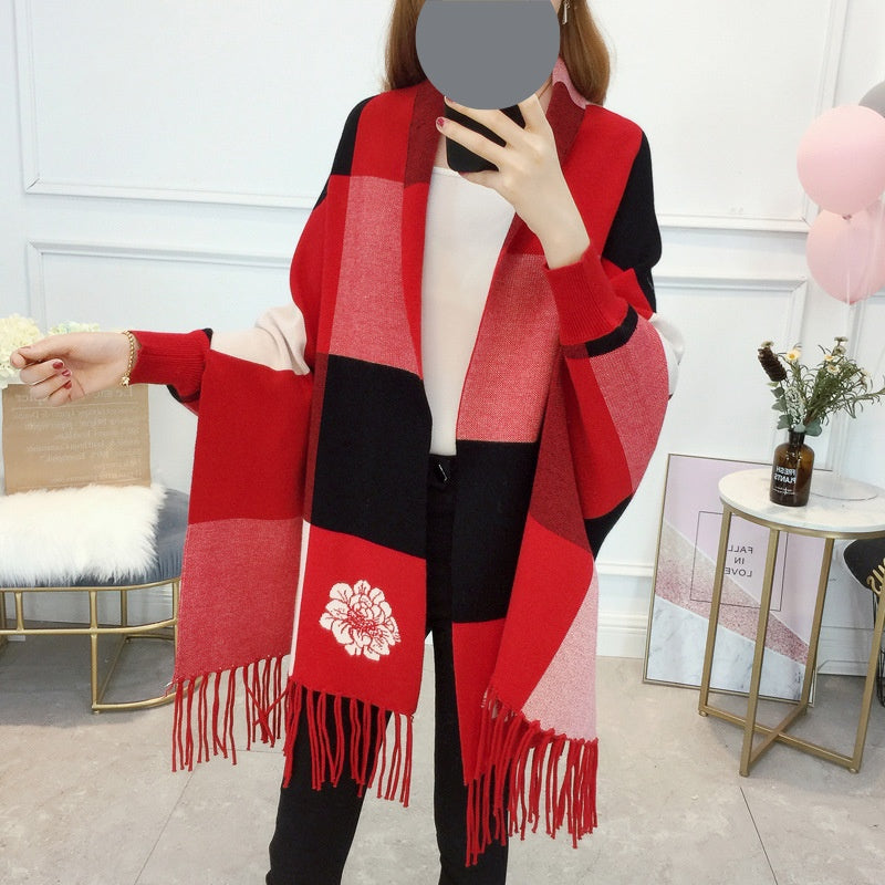 🎅Christmas Pre-sale🥰Women's Plaid Knitted Fringe Long Sleeve Shawl