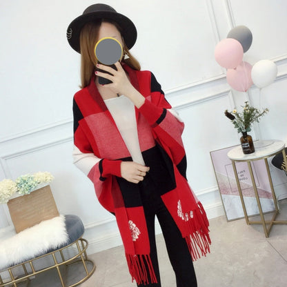 🎅Christmas Pre-sale🥰Women's Plaid Knitted Fringe Long Sleeve Shawl