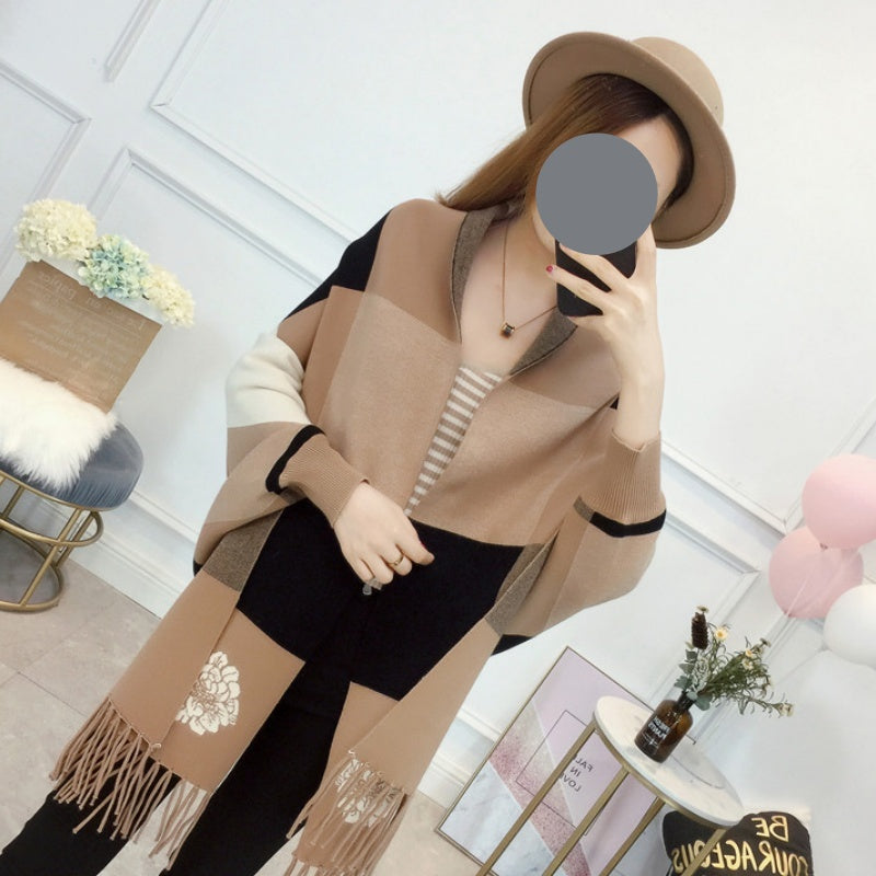 🎅Christmas Pre-sale🥰Women's Plaid Knitted Fringe Long Sleeve Shawl