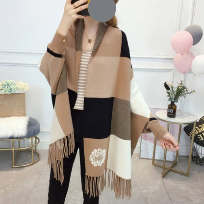 🎅Christmas Pre-sale🥰Women's Plaid Knitted Fringe Long Sleeve Shawl