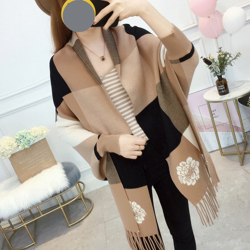 🎅Christmas Pre-sale🥰Women's Plaid Knitted Fringe Long Sleeve Shawl