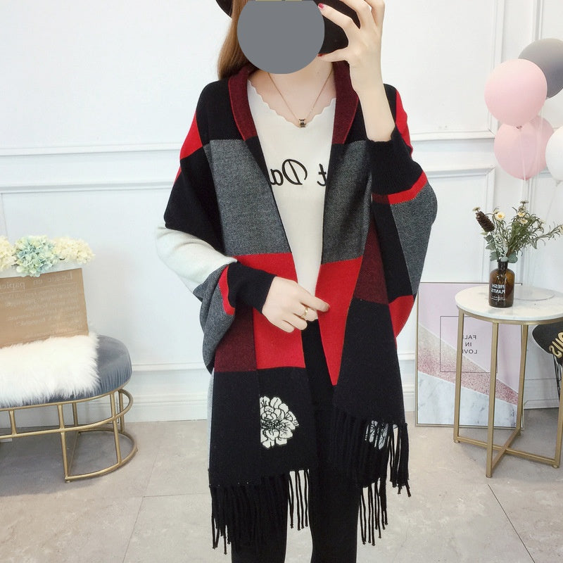 🎅Christmas Pre-sale🥰Women's Plaid Knitted Fringe Long Sleeve Shawl