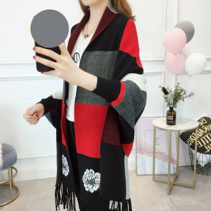 🎅Christmas Pre-sale🥰Women's Plaid Knitted Fringe Long Sleeve Shawl