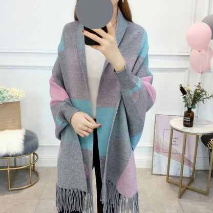 🎅Christmas Pre-sale🥰Women's Plaid Knitted Fringe Long Sleeve Shawl