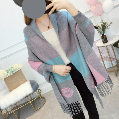 🎅Christmas Pre-sale🥰Women's Plaid Knitted Fringe Long Sleeve Shawl