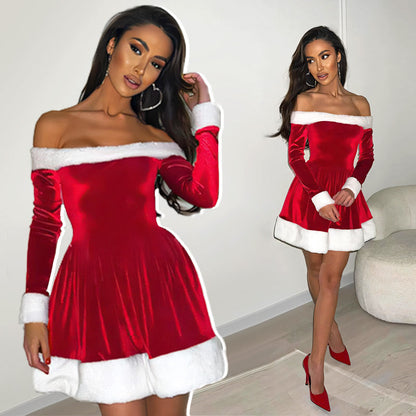 🎅Christmas Pre-sale🥰Women's Christmas One-Shoulder A-Swing Dress