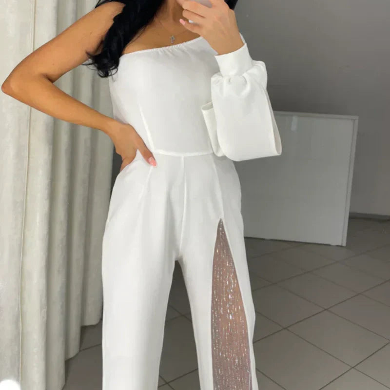 🎅Christmas Pre-sale🎁Women's One Shoulder Sparkly Mesh Flared Jumpsuits