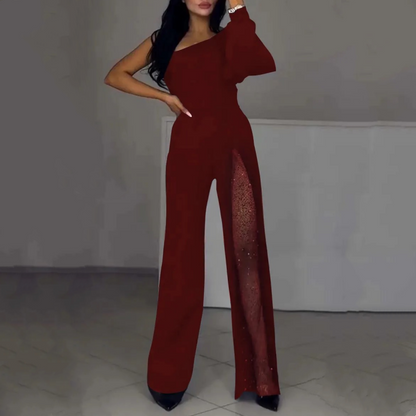 🎅Christmas Pre-sale🎁Women's One Shoulder Sparkly Mesh Flared Jumpsuits