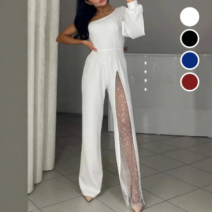 🎅Christmas Pre-sale🎁Women's One Shoulder Sparkly Mesh Flared Jumpsuits