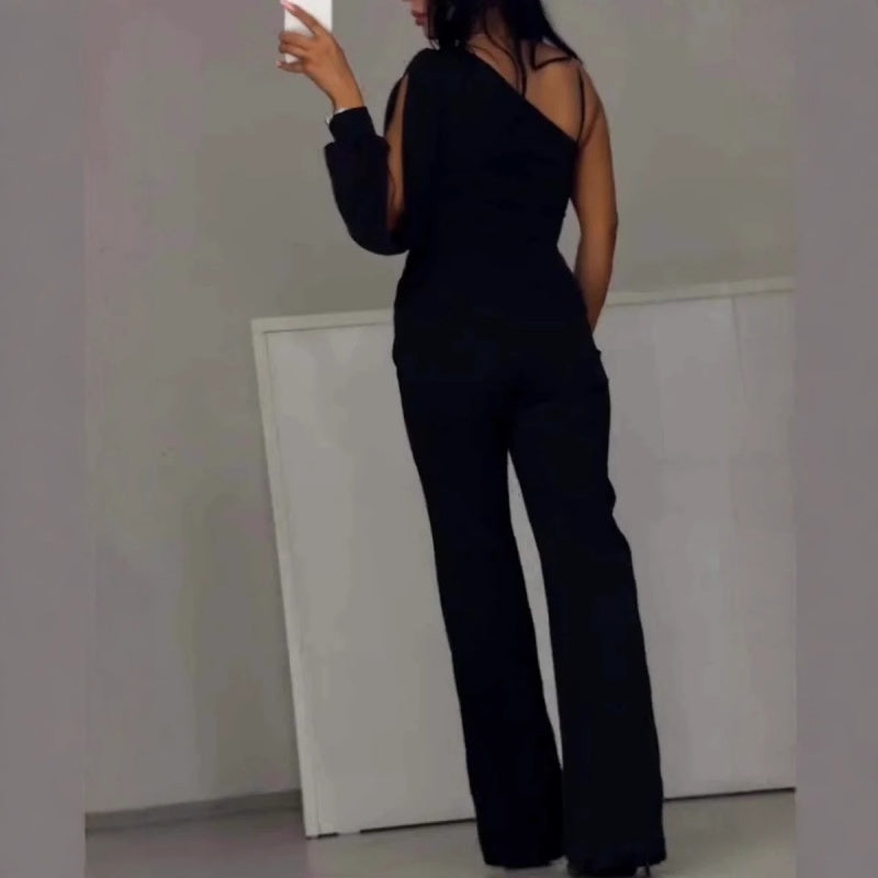 🎅Christmas Pre-sale🎁Women's One Shoulder Sparkly Mesh Flared Jumpsuits