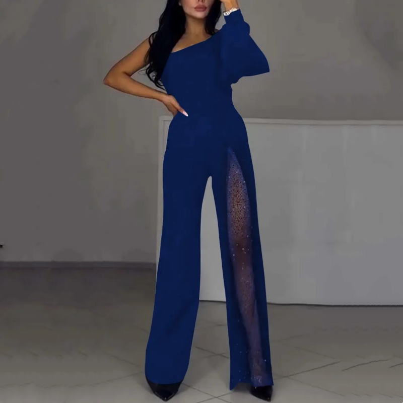 🎅Christmas Pre-sale🎁Women's One Shoulder Sparkly Mesh Flared Jumpsuits