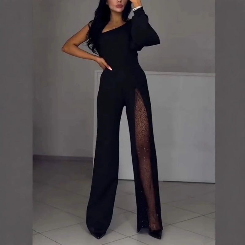 🎅Xmas Sales - 50% OFF🎄Women's One Shoulder Sparkly Mesh Flared Jumpsuits