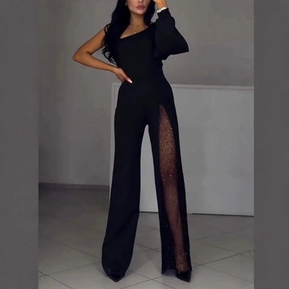 🎅Christmas Pre-sale🎁Women's One Shoulder Sparkly Mesh Flared Jumpsuits