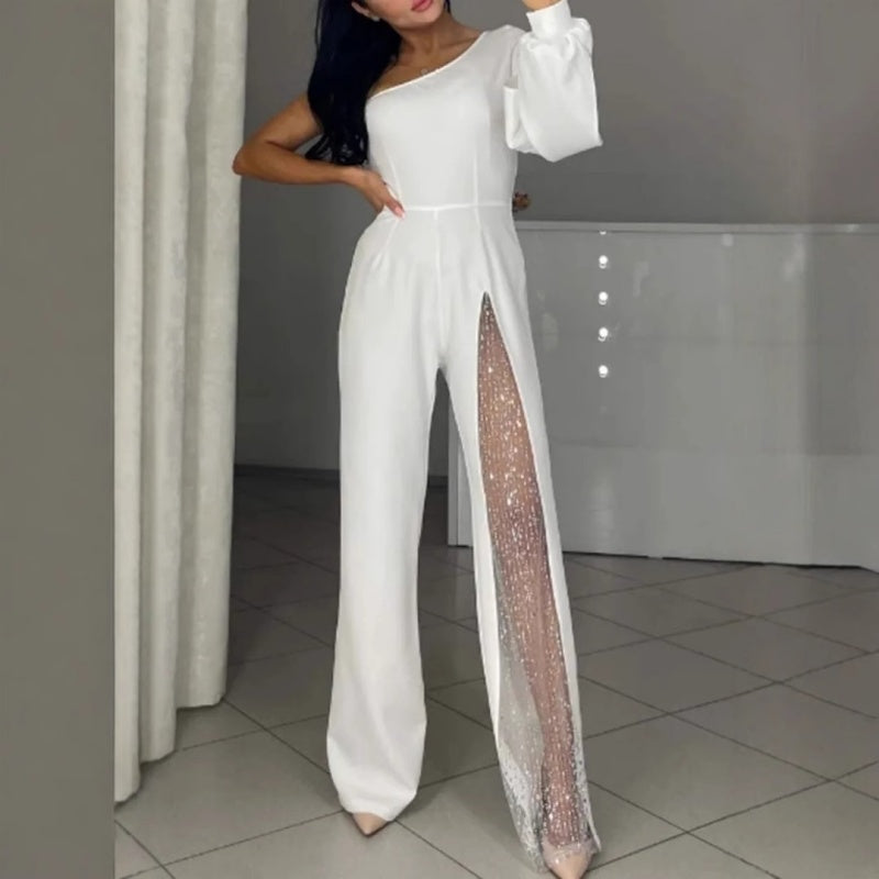 🎅Xmas Sales - 50% OFF🎄Women's One Shoulder Sparkly Mesh Flared Jumpsuits