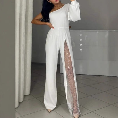 🎅Xmas Sales - 50% OFF🎄Women's One Shoulder Sparkly Mesh Flared Jumpsuits