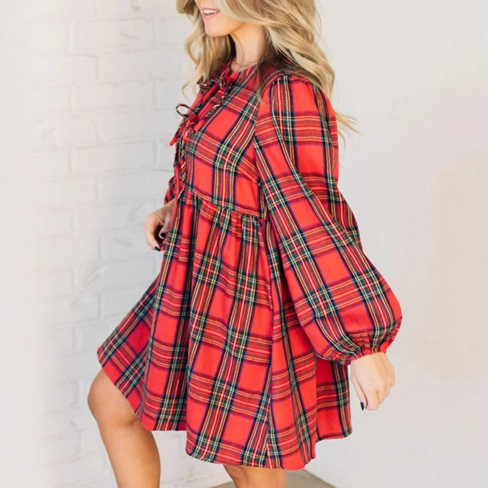 🎅Xmas Sales - 50% OFF🎄Women's Plaid Dress with Tie Bows Front