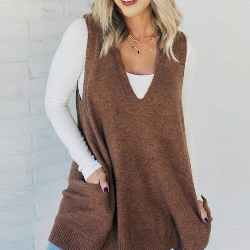 🎅Xmas Sales - 52% OFF🎄Women's Loose-Fit V-Neck Sweater Vest with Pockets