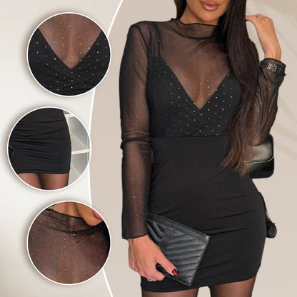 🎅Xmas Sales - 50% OFF🎄Women's Sexy V-Neck Mesh Rhinestone Bodycon Dress