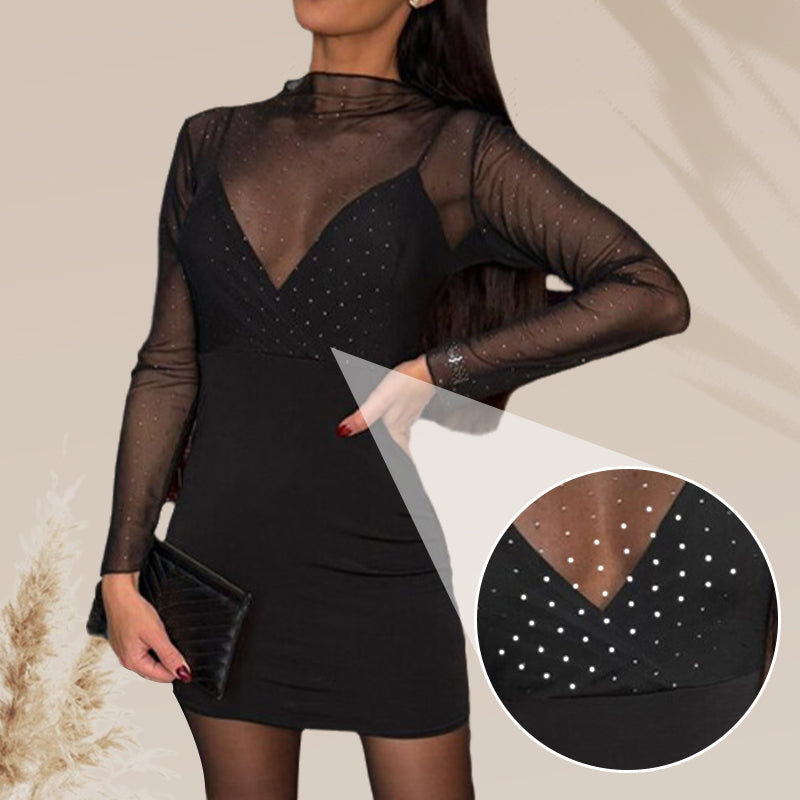 🎅Xmas Sales - 50% OFF🎄Women's Sexy V-Neck Mesh Rhinestone Bodycon Dress