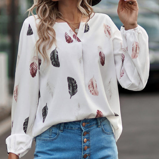 Women's V-Neck Feather Printed Long Sleeve Loose Shirt