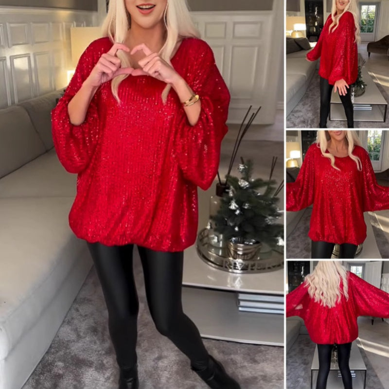 🎅Xmas Sales - 50% OFF🎄Round Neck Sequin Long Sleeve Loose Top