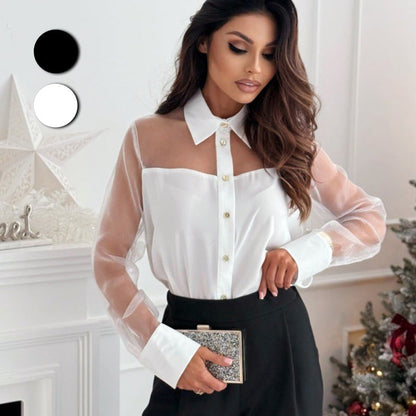 🎉Happy New Year! 50% OFF 🛍️Women's Sheer Mesh Patchwork Button-Down Lapel Shirt