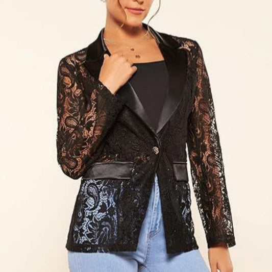 Women's Elegant Lace Lapel One-Button Blazer