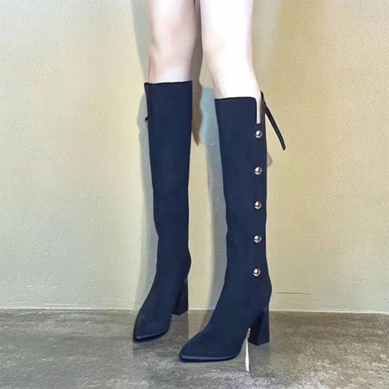 🔥What should I wear tomorrow?👢Pointed Toe Chunky Heel Warm Long Boots