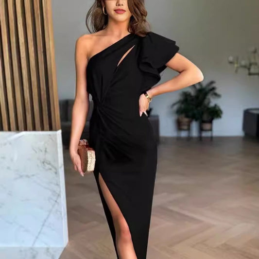 🎉Happy New Year! 50% OFF 🛍️Sloped Shoulders Cut-Out Ruffle Sleeve Dress