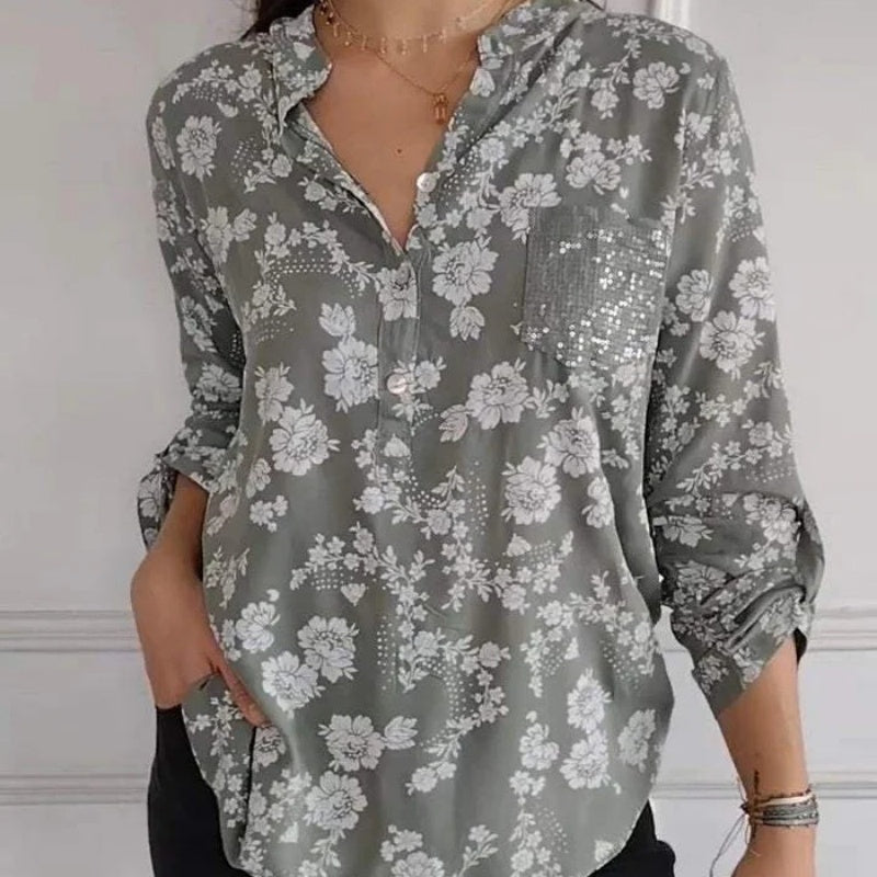 🔥2025 New Arrival Pre-Sale🍃Women's Floral Print Long Sleeve Blouse with Sequin Pocket