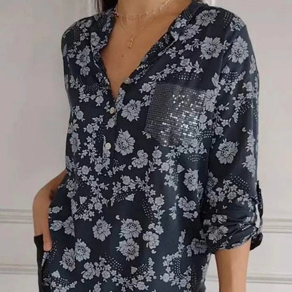 🔥2025 New Arrival Pre-Sale🍃Women's Floral Print Long Sleeve Blouse with Sequin Pocket