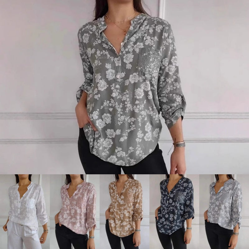 🔥2025 New Arrival Pre-Sale🍃Women's Floral Print Long Sleeve Blouse with Sequin Pocket