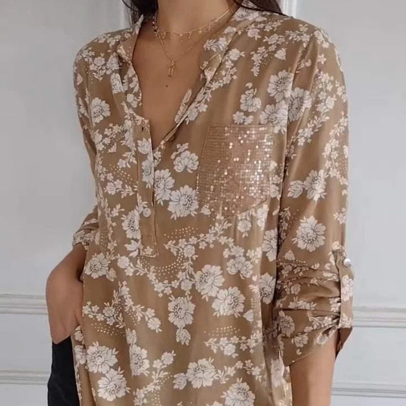 🔥2025 New Arrival Pre-Sale🍃Women's Floral Print Long Sleeve Blouse with Sequin Pocket