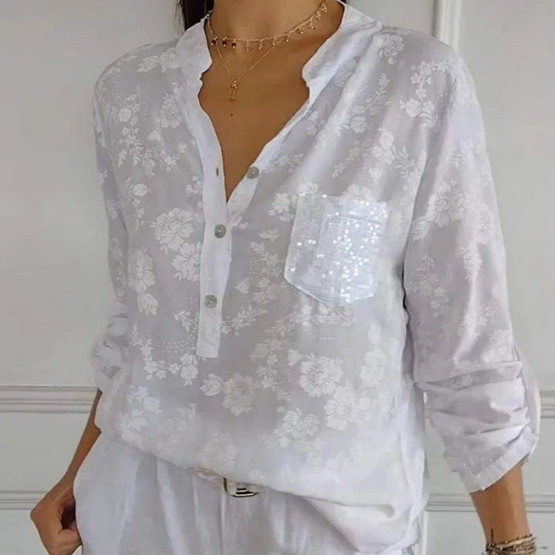 🔥2025 New Arrival Pre-Sale🍃Women's Floral Print Long Sleeve Blouse with Sequin Pocket