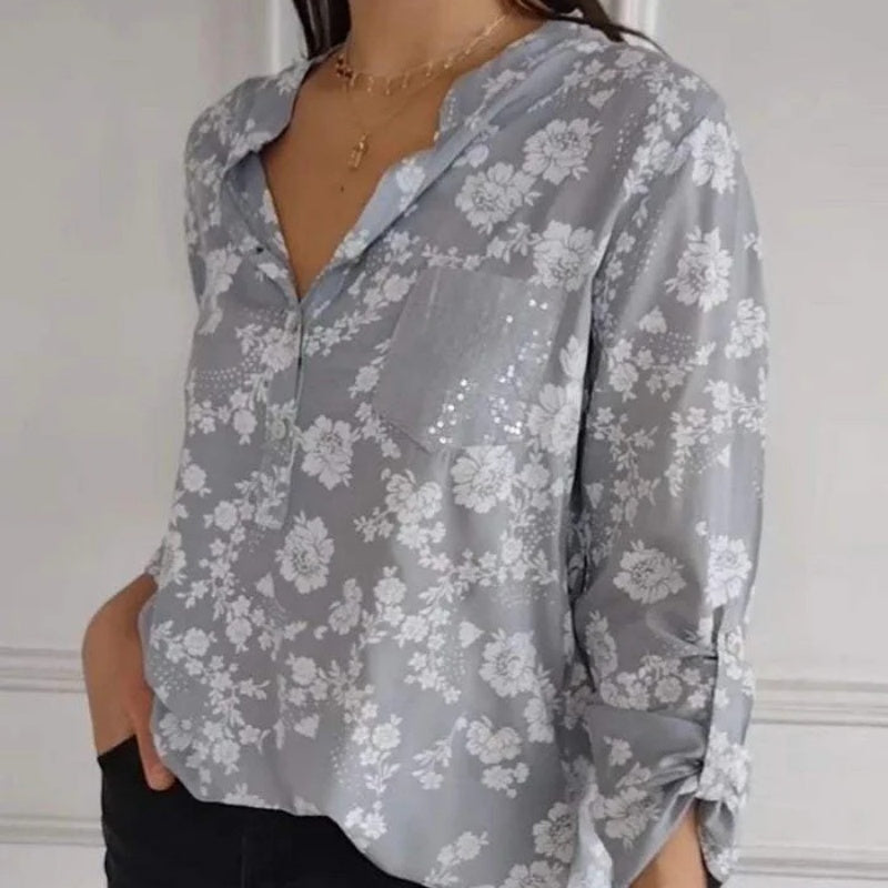 🔥2025 New Arrival Pre-Sale🍃Women's Floral Print Long Sleeve Blouse with Sequin Pocket