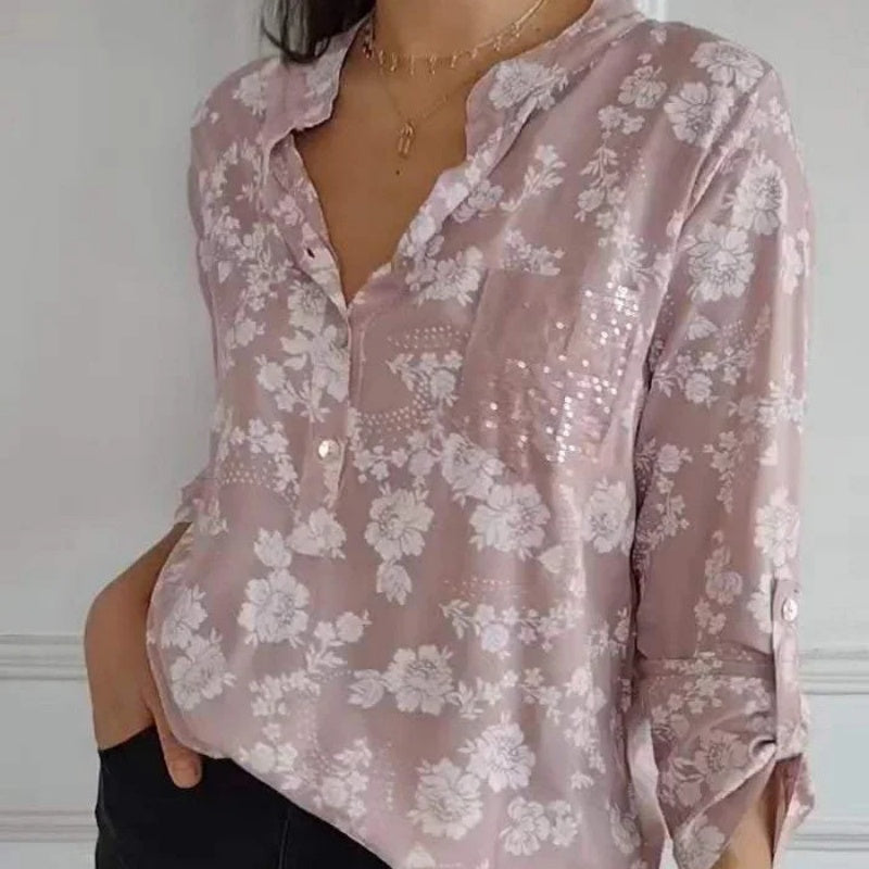 🔥2025 New Arrival Pre-Sale🍃Women's Floral Print Long Sleeve Blouse with Sequin Pocket