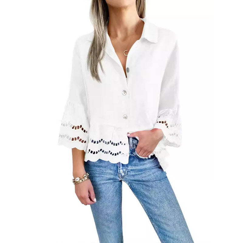 Solid Lapel Flared Sleeve Cutout Hem Blouse