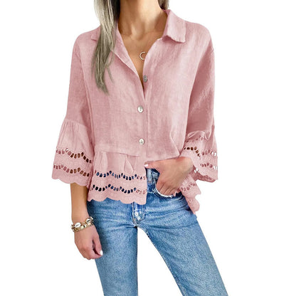 Solid Lapel Flared Sleeve Cutout Hem Blouse