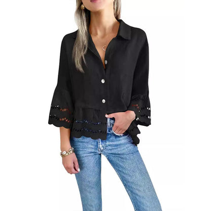 Solid Lapel Flared Sleeve Cutout Hem Blouse