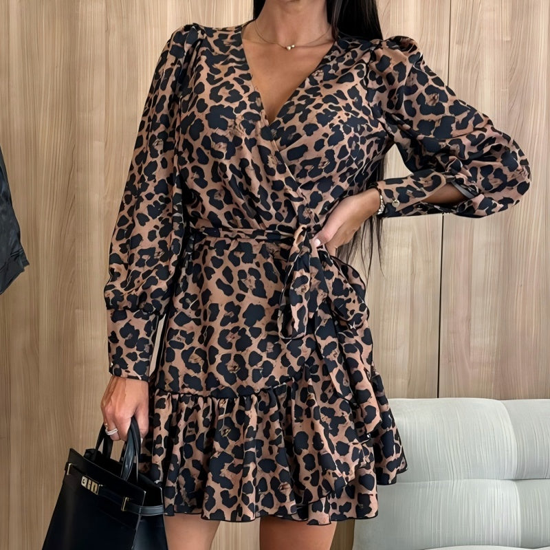 Leopard Print Wrap V-Neck Waist Tie Dress