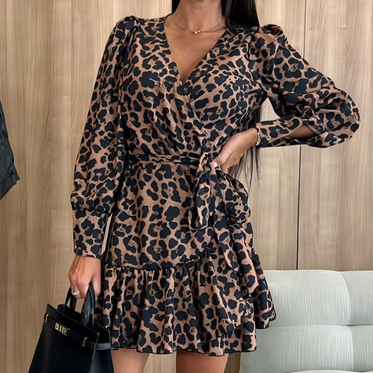 Leopard Print Wrap V-Neck Waist Tie Dress