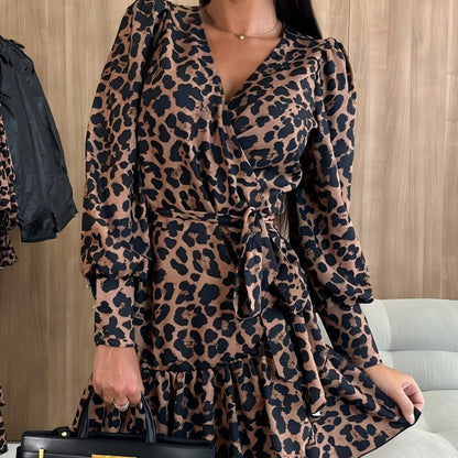 Leopard Print Wrap V-Neck Waist Tie Dress