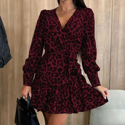 Leopard Print Wrap V-Neck Waist Tie Dress