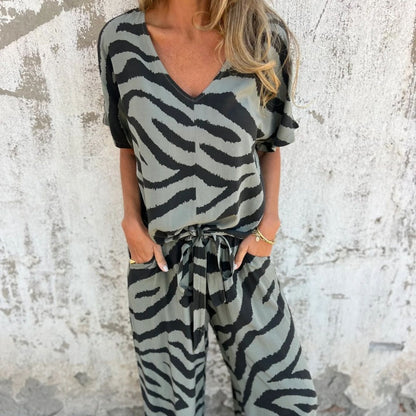 🔥New Year Hot Sale🔥Women's Zebra Print V-Neck Top & Pants Two-Piece Set