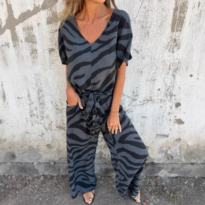 🔥New Year Hot Sale🔥Women's Zebra Print V-Neck Top & Pants Two-Piece Set