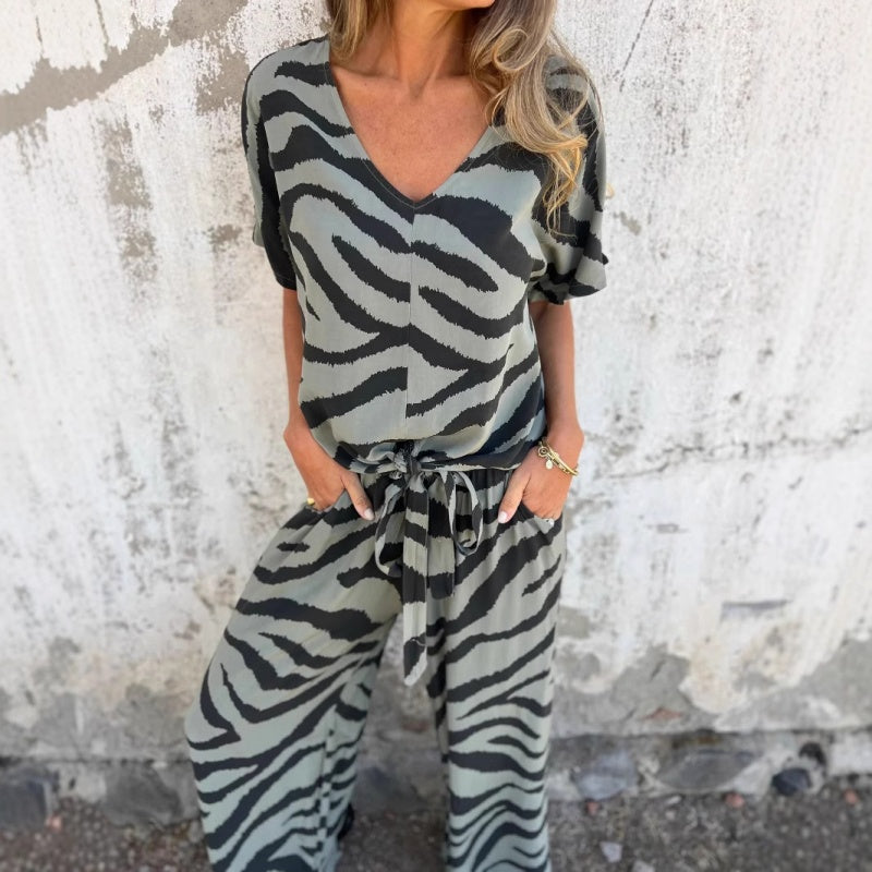 🔥New Year Hot Sale🔥Women's Zebra Print V-Neck Top & Pants Two-Piece Set