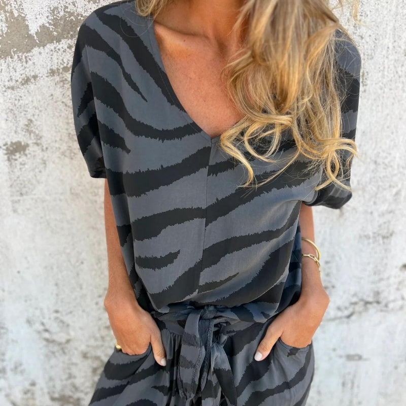 🔥New Year Hot Sale🔥Women's Zebra Print V-Neck Top & Pants Two-Piece Set