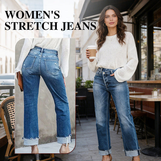 Jeans de Mezclilla con Elastano para Mujer, Tiro Alto y Corte Recto