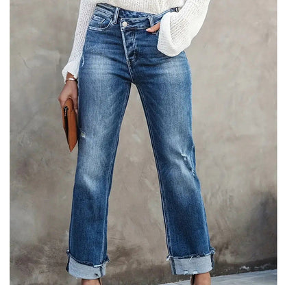 Jeans de Mezclilla con Elastano para Mujer, Tiro Alto y Corte Recto