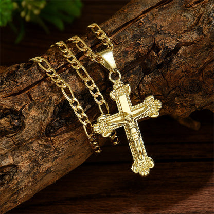 🔥【1° Más Vendido】🔥 ¡50% DE DESCUENTO! ⏰ Collar con colgante de crucifijo tono dorado – Diseño detallado INRI, cadena Figaro ajustable y joya religiosa para el día a día ✝️✨